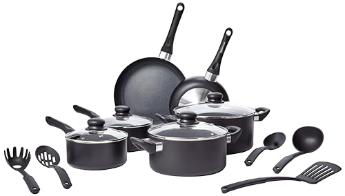 Amazon Basics Non Stick Kitchen Cookware 15-Piece Set, Non-Induction, Includes Pots, Pans, and Utensils, Black