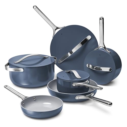 Caraway Deluxe Non-stick Ceramic Cookware Set (16 Piece) Pots, Frying Pans, Lids and Kitchen Storage - PFAS & PFOA Free - Oven Safe Pan Set & Compatible with All Stovetops - Navy