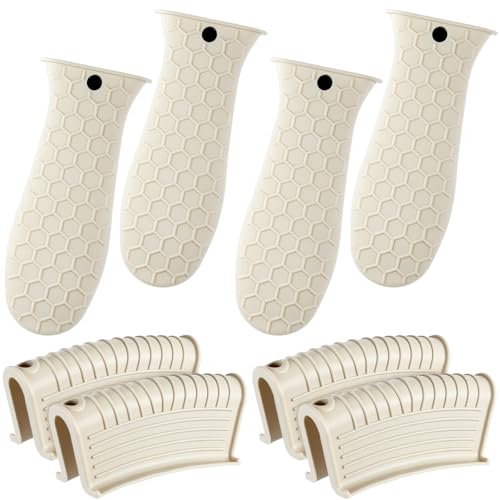 Patelai 8 Pcs Silicone Pot Holders Set Cast Iron Handle Cover Heat Resistant Pot Handle Covers Potholder Non Slip Reusable Pan Sleeve for Frying Pan Kitchen Supplies(Khaki)