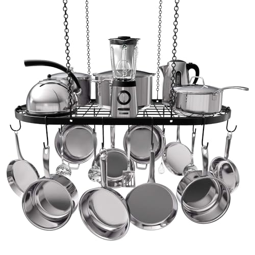 Vdomus Heavy-Duty Hanging Pot Rack - 33x17 Inches - Stylish Black Alloy Steel Ceiling Storage with 15 Hooks - Organize Kitchen Cookware and Utensils - Space-Saving Mounted Overhead Holder