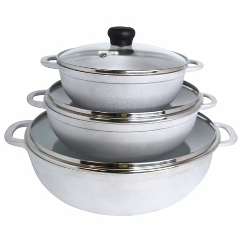 IMUSA Caldero Stock Pot with Glass Lid 3pc Set, 1.5/2.5/5.2qt, Cast Aluminum, Perfect for Serving Medium & Small Groups, Riveted Handles, Made in Colombia, Silver.