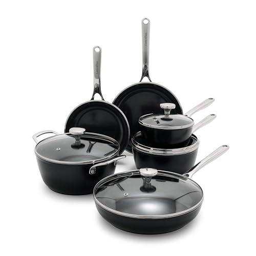 Lumenflon Orfeo 10 Piece Nonstick Cookware Set, Made in Italy, Diamond Ceramic PFAS-Free Pots & Pans, Induction Ready, Scratch Resistant, Laser-Fused Surface for Durability, Dishwasher Safe, Black