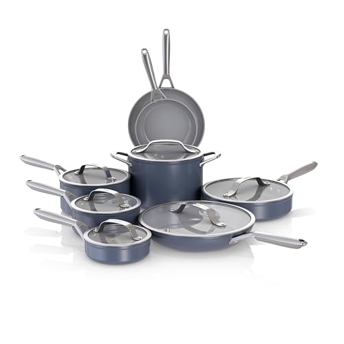 Ninja Ceramic Pro 14-Piece Cookware Set, Non-Stick Pots & Pans Set with Glass Lids, Nontoxic, PTFE Free, Ceramic Coated, Oven Safe, All Stovetops & Induction Compatible, Midnight Blue, CW39014MM