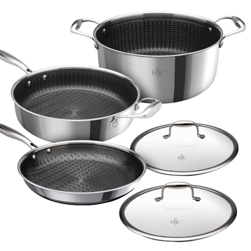 Hell's Kitchen Hybrid 5 Pc Cookware Set, Tri-Clad Stainless Steel and Nonstick Ceramic, PFAS Free, no PFOA, no PTFE, no Teflon, Non Toxic Cookware, Metal Utensil Safe, All Cooktops and Oven Safe