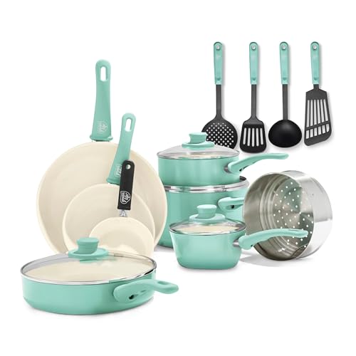 GreenLife Soft Grip Batteria di Pentole 16 Pezzi, Padella 12/18/24cm, Casseruola con Coperchi, Pentola 15/18 cm, Lavabile in Lavastoviglie, Forno Sicuro, Turchese