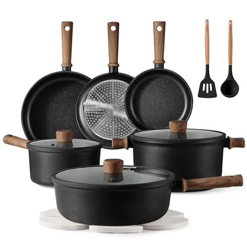 CAROTE Nonstick Pots and Pans, Induction Cookware Set Kitchen Cooking Sets, Non Stick w/Frying Pan (PFOS, PFOA Free), Black, 16pcs