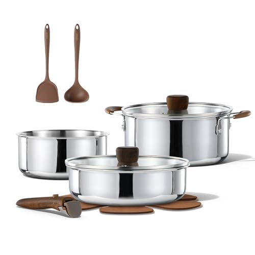 CAROTE 10pcs Stainless Steel Cookware Set with Detachable Handle, Pots and Pans Set, Induction Kitchen Cooking Sets, RV/Camping Cookware, Removable Handle, Oven Safe, Woodgrain
