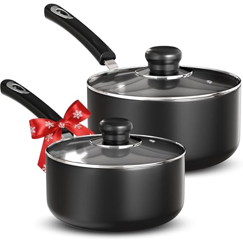 Utopia Kitchen Nonstick Saucepan Set, Cooking Pots with Lids, 1 Quart and 2 Quarts Multipurpose Kitchen Small Pots for Cooking Nonstick With Lids, 1 qt & 2 qt Set, Grey & Black
