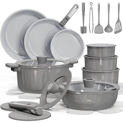 CAROTE 27pcs Ceramic Cookware Set Nonstick, Pots and Pans Set Non Stick, Non Toxic Cookware Detachable Handles, Dishwasher/Oven Safe, RV/Camping Cookware, Pan and Pot with Kitchen Utensils, Dark Gray