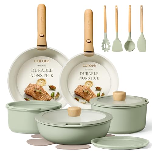 CAROTE Pots and Pans Set, Nonstick Cookware Set Detachable Handle, 19pcs Induction Kitchen Cookware Sets Non Stick with Removable Handle, RV Cookware Set, Oven Safe, Sage Green
