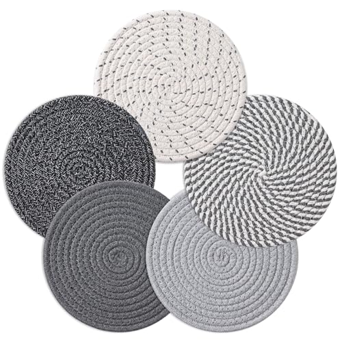 Husfunov 7 Inch Trivets for Hot Dishes, Pots and Pans, 5 Heat Resistant Pot Holders for Kitchen, Home Essentials, Hot Pads for Countertop and Table, Farmhouse Decor Vase Mats, Gray