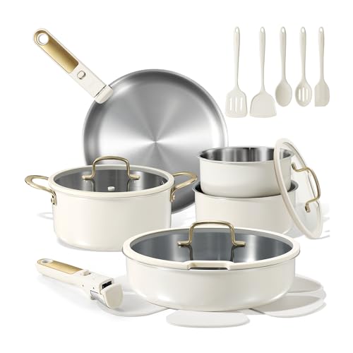 CAROTE 19pcs Tri-Ply Stainless Steel Cookware Set with Detachable Handle, Pots and Pans Set, Induction Kitchen Cooking Sets, RV/Camping Cookware, Outer Ceramic Layer, Oven Safe, Cream White
