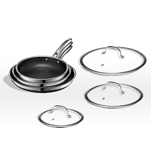 HexClad Hybrid Nonstick 6-Piece Fry Pan Set, 8, 10, and 12-Inch Frying Pans with Tempered Glass Lids, Stay-Cool Handles, Dishwasher-Friendly, Induction Ready, Compatible with All Cooktops