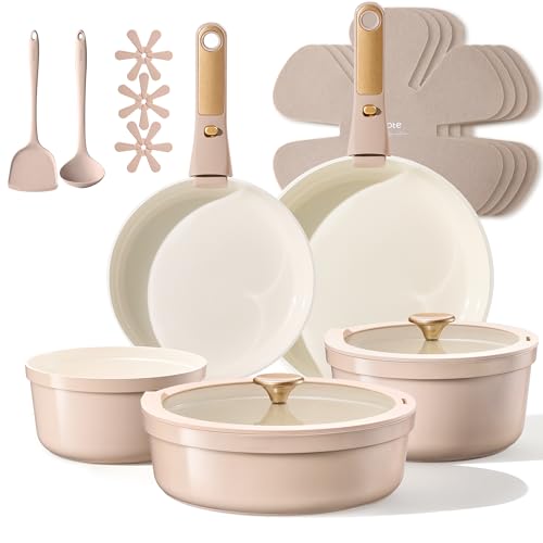 CAROTE 18 Pcs Ceramic Cookware Set Titanium Nonstick with Detachable Handles, Non Toxic Cookware, Pots and Pans Set Non Stick Removable Handles, Induction Available, Kitchen Cooking, Dishwasher Safe