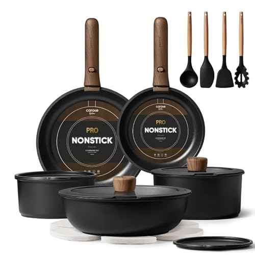 CAROTE Set da 17 pentole e padelle antiaderenti, con manico staccabile, pentole e padelle da cucina a induzione, set di cottura antiaderente, adatto per forno/lavastoviglie/frigorifero, salvaspazio