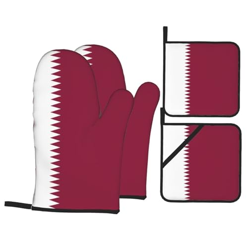 Qatar Flag Print Oven Mitts and Pot Holders Sets – Kitchen Heat Resistant Gloves for BBQ Baking Grilling Insulation