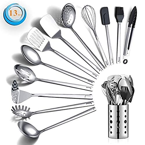 Stainless Steel Cooking Utensils Set, Berglander 13 Pieces Kitchen Utensils Set, Kitchen Tools Set With Utensil Holder Non-Stick And Heat Resistant,Dishwasher Safe, Easy to Clean (13 Packs)