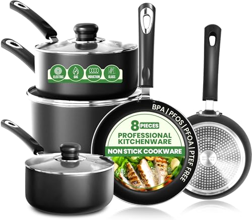 KICHLY 8 Pieces Pots and Pans Set, Non Stick Kitchen Cookware Set, Induction Frying Pans 20cm, 28cm, Saucepan with Lids 20cm, 18cm, Non Induction Saucepan 16cm, Pots and Pans Set Nonstick, Black