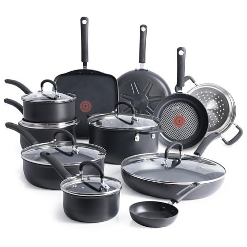 T-Fal Ultimate Hard Anodized Nonstick Cookware Set 17 Piece, Nonstick Pots and Pans Set with Fry Pan, Saucepans, Saute-Pan, Griddle, Dishwasher Safe, Black