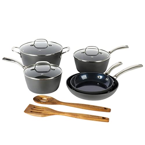 Kenmore Elite Cyrus 10 Piece Forged Aluminum Diamond Infused Ceramic Interior Cookware Set W/Kitchen Tools, Induction Base, & Cast Handles