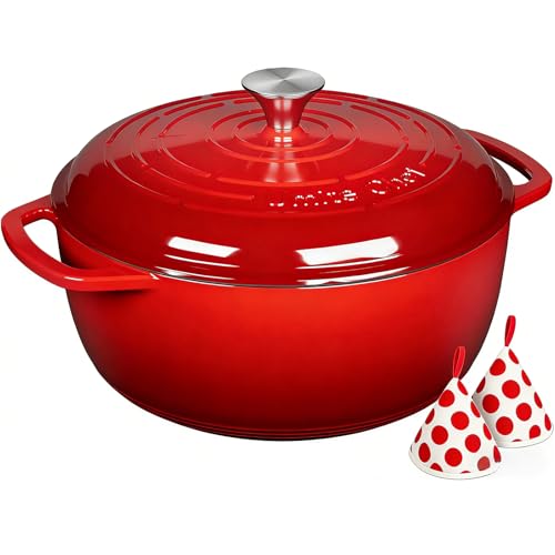 Umite Chef 6QT Enameled Cast Iron Dutch Oven with Lid, Versatile Heavy-Duty Cookware Pot for Baking Bread, Braising, Soups & Stews, Oven & Stovetop Safe with Heat Resistant Gloves(Red)