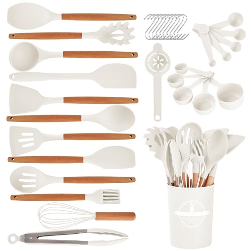 Gaixvny Kitchen Utensils Set - 34 PCS Non-Stick Silicone Cooking Utensils Set with Wooden Handle,Kitchen Gadgets Tools Set for Nonstick Cookware (Cream White-34P)