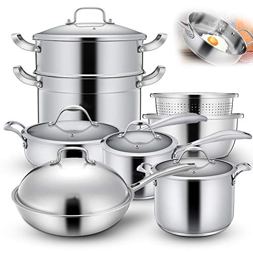 XBTGS Stainless Steel Steamer, Stainless Steel Induction Cookware Set, Professional Pots and Pans Set with Steamer and Lid for Even Heating, Oven, Stovetop,Variety Pack,Variety Pack