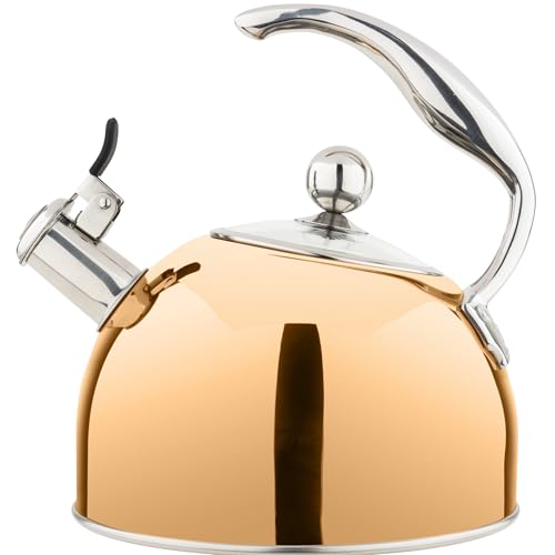 Viking 3-Ply Stainless Steel Tea Kettle, 2.6 Quart Stovetop Hot Water Pot with Tempered Glass Lid, Ergonomic Handle, Induction Ready, Rose Gold