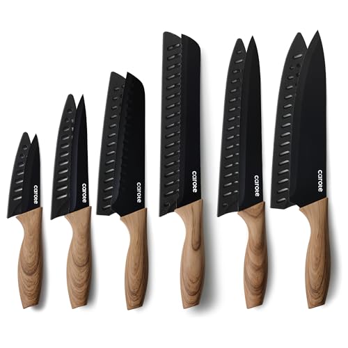 CAROTE 12PCS Knife Set, Stainless Steel Kitchen Knife Set with Nonstick Ceramic Coating Dishwasher Safe with 6 Blade Guards, Rustproof, Black