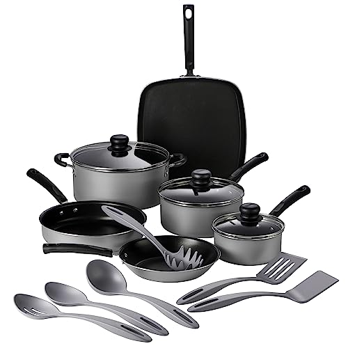 Tramontina Primaware 15-Piece Non Stick Cookware Set with Lids and Utensils, Aluminum Nonstick Pots and Pans Kitchen Set (Silver)