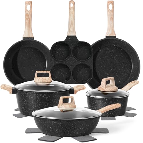 13 Pcs Pots and Pans Set, Nonstick Cookware Sets Black Granite Induction Cookware, Non-toxic Healthy Non stick Kitchen Cooking Set with Frying Pans Set, Saucepans (PFAS/PFOA/PFOS Free)