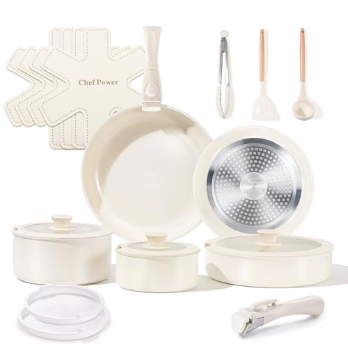 Chef Power Ceramic Cookware Set Non Toxic with Detachable Handles, Healthy Nonstick Pans and Pots Set 19 Pcs, Induction Dishwasher Oven Safe Kitchen Set, PFAS PFOA & PTFE Free, Cream White