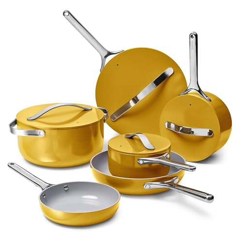 Caraway Deluxe Non-stick Ceramic Cookware Set (16 Piece) Pots, Frying Pans, Lids and Kitchen Storage - PFAS & PFOA Free - Oven Safe Pan Set & Compatible with All Stovetops - Marigold