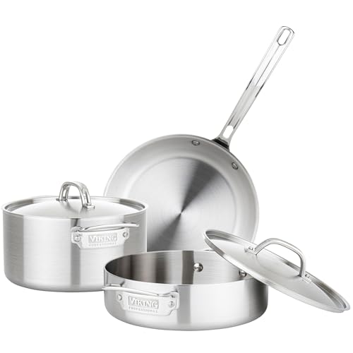 Viking 5-Ply Pots and Pans Set, 5 Piece Stainless Steel Kitchen Cookware, Silver