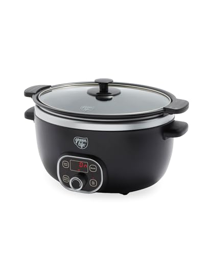 GreenLife 6QT Slow Cooker, Non-Toxic PFAS-Free Ceramic Nonstick Removable Interior Bowl, Programmable, Family Friendly, Keep Warm, Stovetop & Oven Safe, Dishwasher Safe Crock, Timer, Glass Lid, Black
