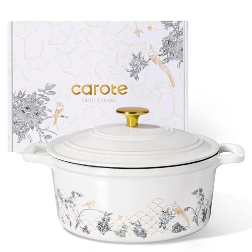 CAROTE Cast Iron Dutch Oven Pot with Lid, 5QT Enameled Floral Dutch Ovens with Gift Box, Cast Iron Pot for Sourdough Bread Baking, Braising, Stews, Roasting, All Stovetop Compatible, Oven Safe, White
