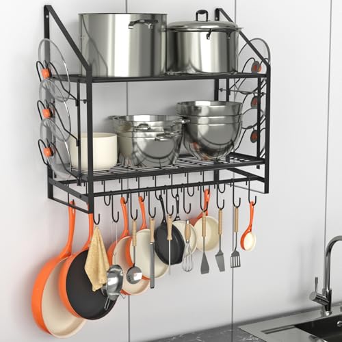 VyGrow 28 Inch Pot Rack Wall Mounted, 2 Tier Pots and Pans Organizer with 20 Hooks and 6 Pot Lid Holders, Heavy Duty Steel Pot and Pan Hanger for Kitchen Cookware Utensils Storage 34.7