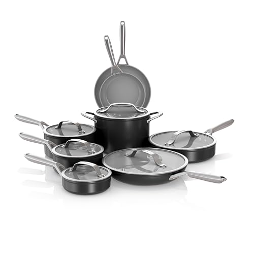 Ninja Ceramic Pro 14-Piece Cookware Set, Non-Stick Pots & Pans Set with Glass Lids, Nontoxic, PTFE Free, Ceramic Coated, Oven Safe, All Stovetops & Induction Compatible, Black, CW39014BK