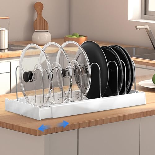 Scricor White Expandable Pan Organizer for Cabinet and Countertop, 10+ Pot Lids, Bakeware and Cookware Organizer Rack Holder with 10 Adjustable Compartments
