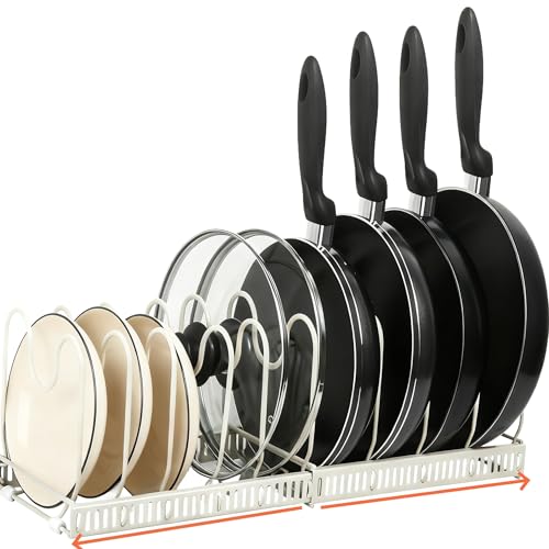 Expandable Under Cabinet Organizer Rack for Pots, Pans, Lids & Bakeware - Adjustable 10-Compartment Kitchen Storage Holder for Cabinet Door, Fits Cutting Boards, White, Expandable 11.81''-22.85''