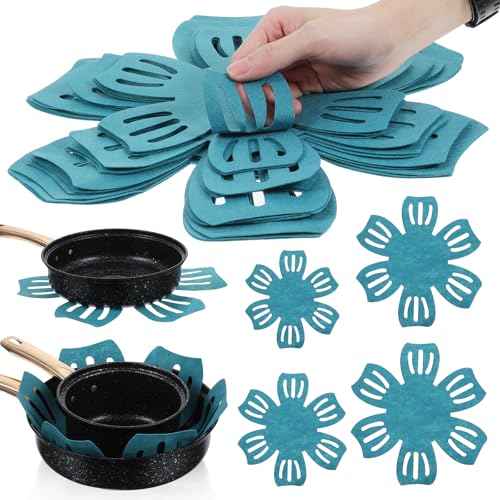 24 Pack Pot and Pan Protectors, 4 Different Size Pans Separator, Anti-Slip Pan Dividers Pads, Felt Cookware Protector Set for Stacking and Protecting Your Cookware, Set of 24, Cyan