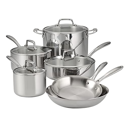 Tramontina Tri-Ply Clad Stainless Steel 10-Piece Cookware Set with Glass Lids, Pots and Pans Kitchen Set, Induction-Ready, Dishwasher-Safe, NSF-Certified
