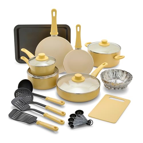 GreenLife Soft Grip Healthy Ceramic Nonstick 18 Piece Kitchen Cookware Pots and Frying Sauce Saute Pans Set, PFAS-Free with Kitchen Utensils and Lid, Dishwasher Safe, Yellow