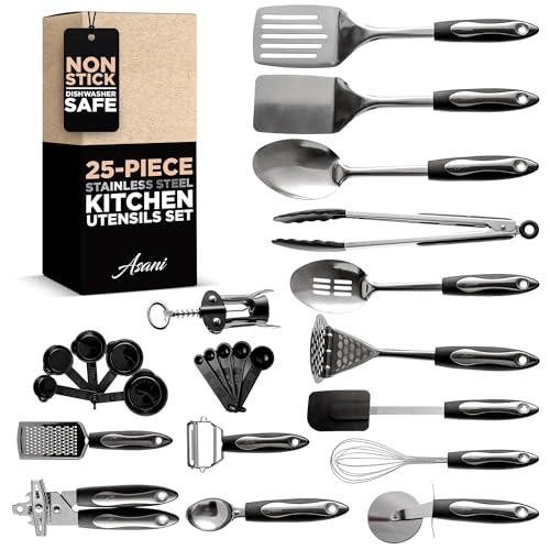 Asani 25-Piece Stainless Steel Kitchen Utensil Set | Non-Stick Cooking Gadgets and Tools Kit | Durable Dishwasher-Safe Cookware Set | Kitchenware Gift Idea, Best New Apartment Essentials