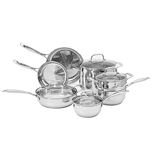 Amazon Basics Stainless Steel Cookware 11-Piece Set, Oven Safe, Pots and Pans, Induction-Ready, Even Heating, Easy to Clean, Heavy Duty, Silver