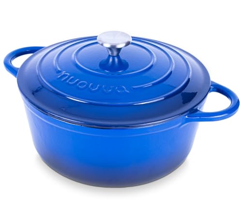 Nuovva Enamelled Cast Iron Dutch Oven Pot with Lid – 6.4 Quart Non Stick Casserole Pot – Heavy Duty & Oven Safe up to 500° F for Bread Baking, Braising, Stews, Roasting – 28cm Dark Blue