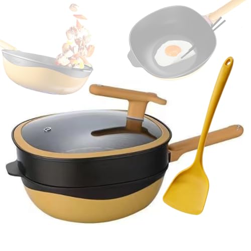 MNROIUR Titanium Pots and Pans Large Capacity 32Cm Titanium Frying Pans Nonstick with Steamer Basket and Lid for Frying Eggs and Fish Titanium Cookware SetYellow,32cm