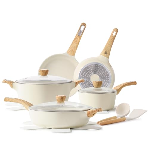 SENSARTE 14-Piece Ceramic Non Stick Induction Cookware Set, Non Toxic Healthy Non Stick Kitchen Cooking Pots and Frying Pans Set, PFAS PTFE PFOA PFOS Free, Ceramic White