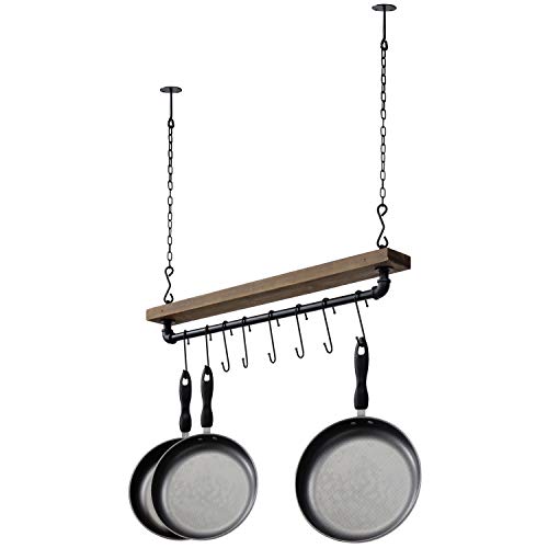 MyGift 30 Inch Ceiling or Wall Mounted Pot Rack with Rustic Brown Solid Wood Shelf and Industrial Matte Black Metal Pipe, Hanging Cookware Utensils Organizer with 8 S-Hooks