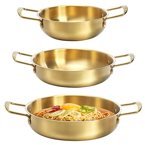 Okllen Set of 3 Korean Ramen Noodle Pot with Handles, Stainless Steel Everyday Pan, Golden Korean Cooking Pot for Soup, Noodle, Pasta, Home and Outdoor, Dishwasher Safe, Size 7